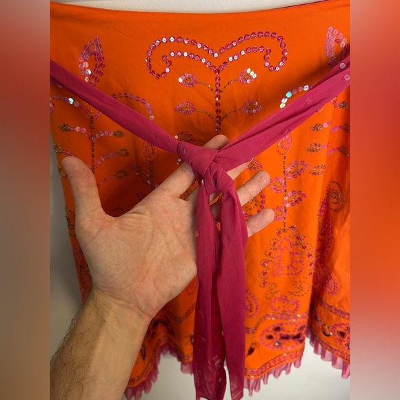 Cadi and Blue Vtg Midi Embroidered beaded Skirt Sz 10 Orange Sequins boho gitsy - Picture 6 of 13